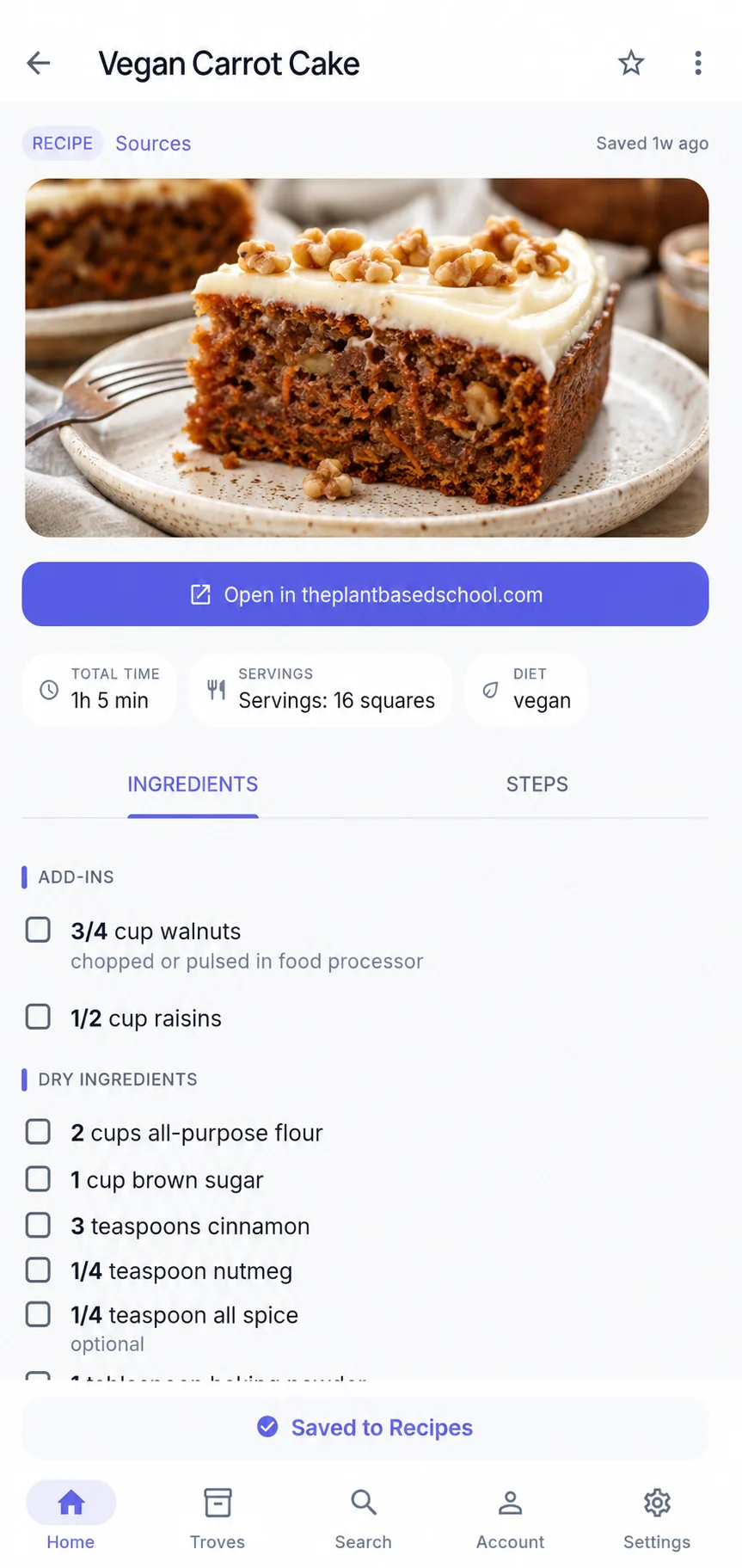 Recipe gem with extracted ingredients, total time, servings, and diet