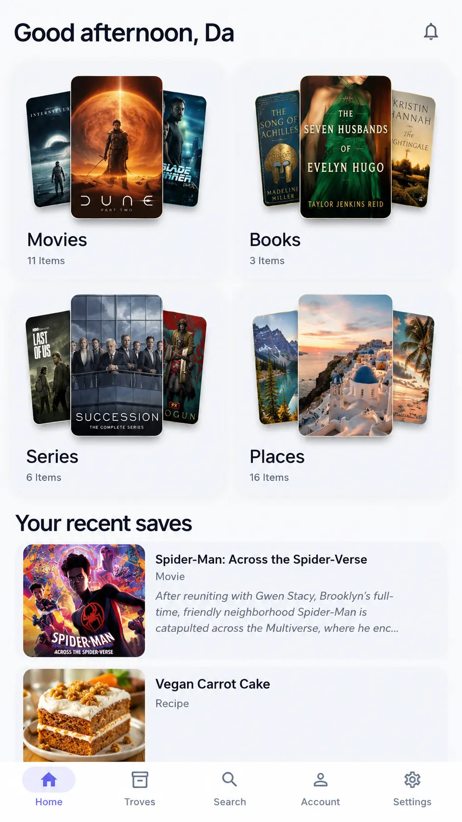 Trovi category-first home with Movies, Books, Series, and Places category tiles